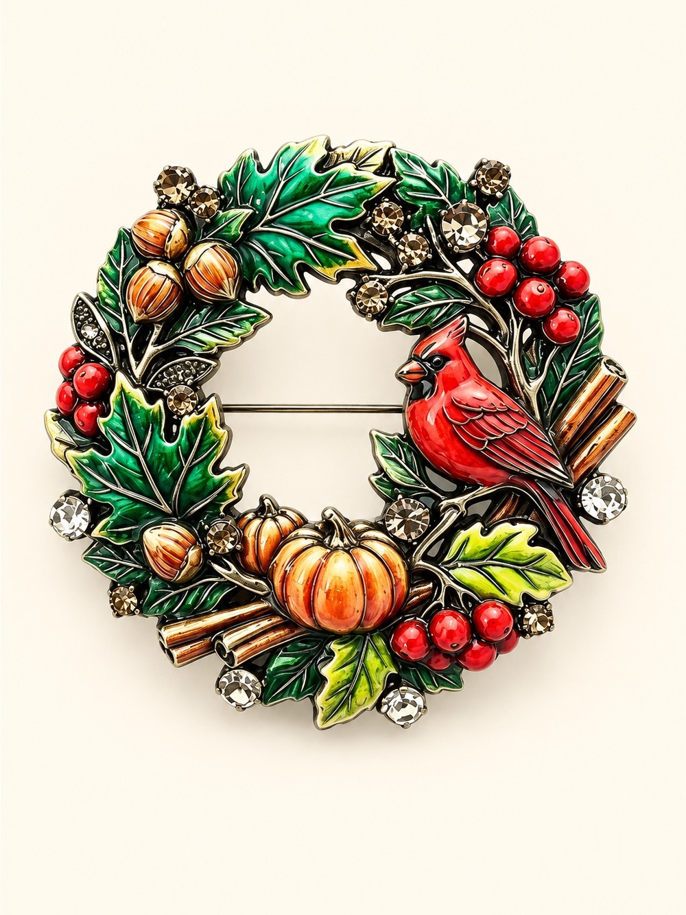 Red Cardinal Green Wreath Enamel Brooch